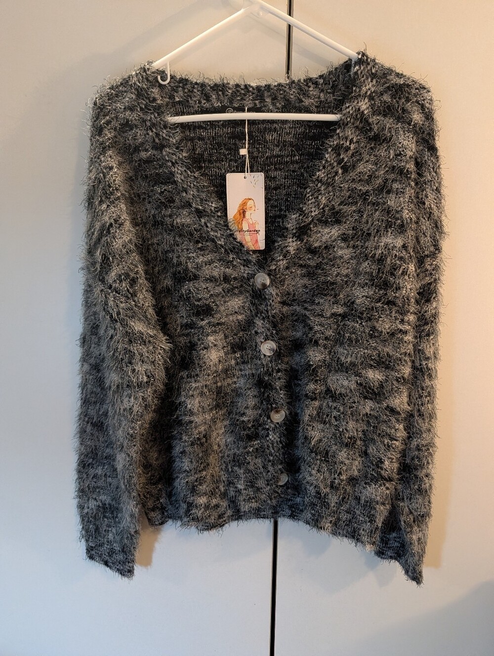 Prettygarden Woman's L Fuzzy V-Neck Button Cardigan Sweater - Gray Black NWT